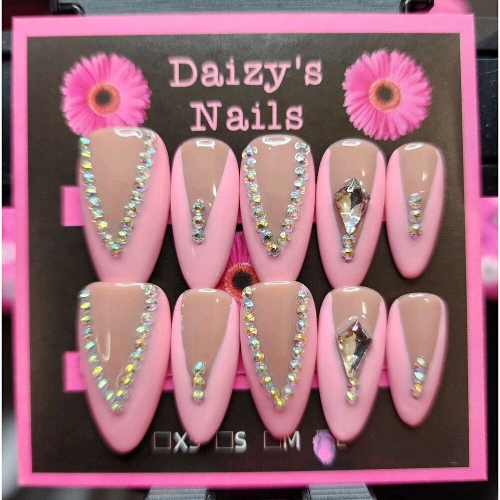 Large Size Press-on Nail 10Pc Set Handmade Almond Pink French Gems 2.5 Cm Length